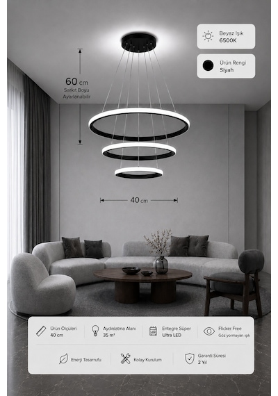 Rizon 3 Lü Led Sarkıt Avize Beyaz Işık Siyah
