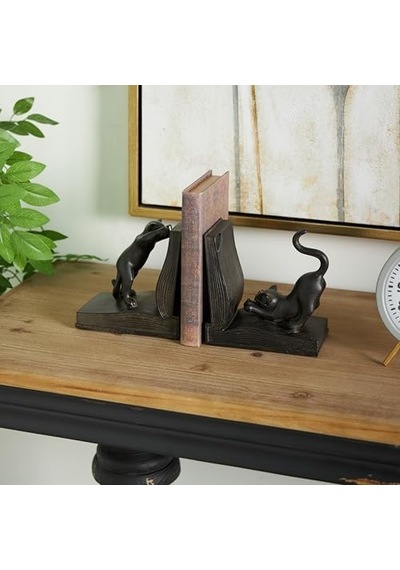 Deco 79 Polystone Kedi Dekoratif Kitap Desteği, 2'li Set, 18 Cm Yükseklik, Siyah
