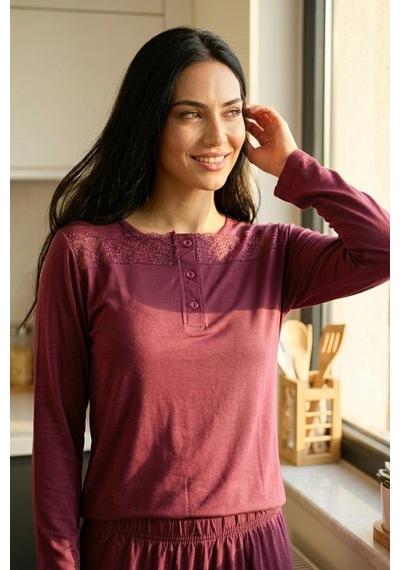 Aura Collections Kadın Dantelli Bambu Viskon Uzun Kollu Mevsimlik Soft Örme Pijama Takımı Bordo