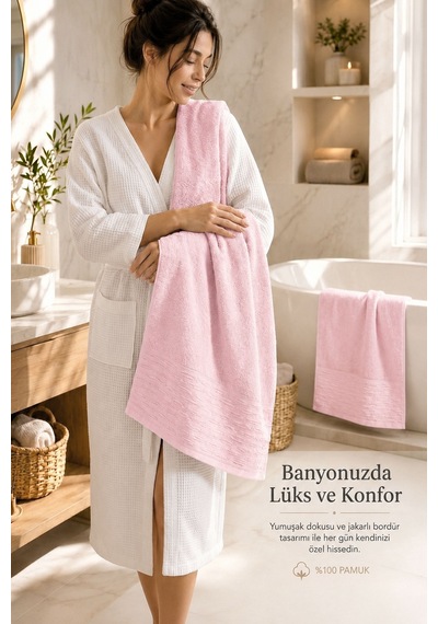 2'li Büyük Boy Banyo Havlusu 90x150 Cm %100 Pamuk Siena Collection 650 Gr Pembe
