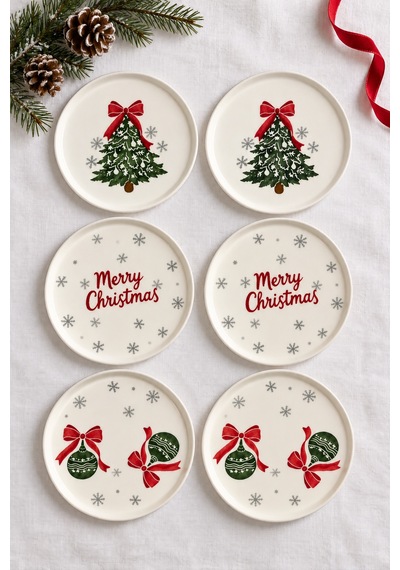 Merry Christmas 6 Lı 16 Cm Yılbaşı Desenli Seramik Pasta Ve Tatlı Tabağı Seti Beyaz
