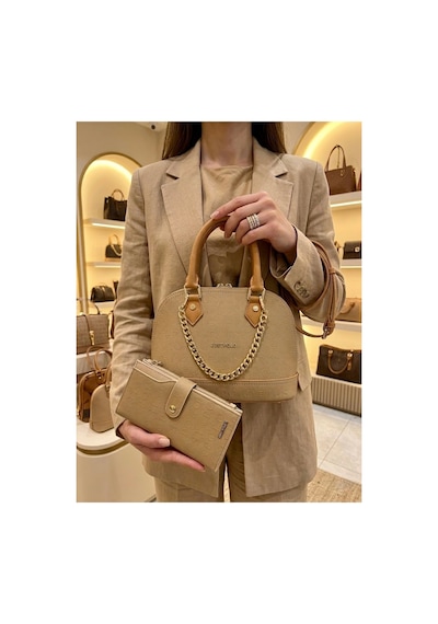 Just Polo Kadın Zincir Detaylı Lüks El & Omuz Çantası Ve Cüzdanı Kombin Shopper Ebat : 25x22 Cm Krem - Camel 93833165