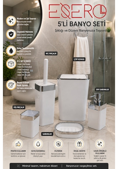 Dante 340 Krom Beyaz 5'li Lüks Banyo Aksesuar Seti Beyaz Krom Çöp Kovası Wc Fırçalık Sıvı Sabunluk Sabunluk Diş Fırçalık Modern Banyo Seti