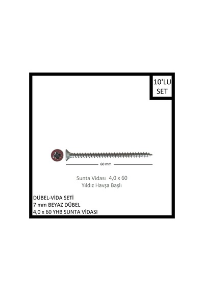 Dübel-vida Seti, Beyaz Dübel 7 Mm, 4,0x60 Yhb Sunta Vidası, 10 Adet
