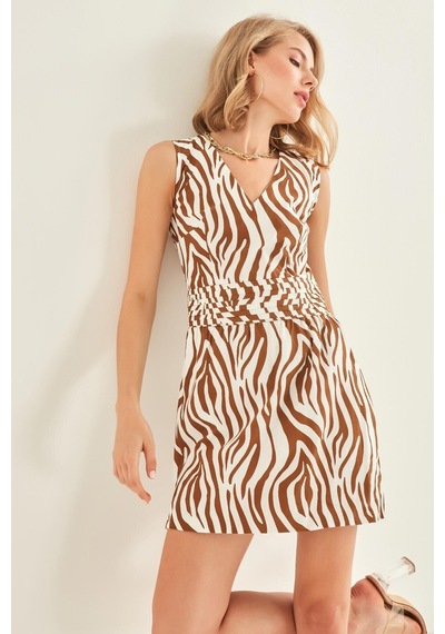 Vitrin Zebra Desenli V Yaka Elbise Kahve
