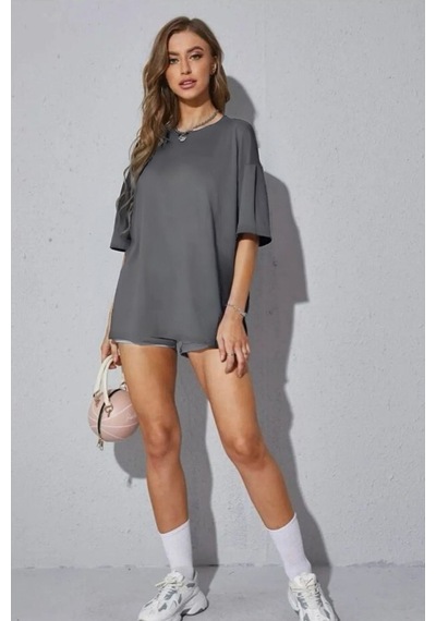 Flood Of Style Kadın Oversize Dökümlü Tok Kumaş Tişört Gri