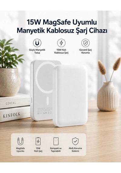 15w Magsafe Uyumlu Manyetik Kablosuz Powerbank 5000 Mah - Lisinya Beyaz