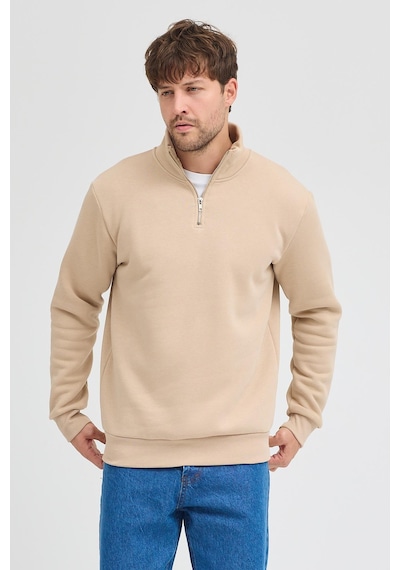 Polostate Unisex Regular Fit Rahat Kesim Pamuklu Içi Polarlı Yarım Fermuarlı Bej Dik Yaka Sweatshirt Bej