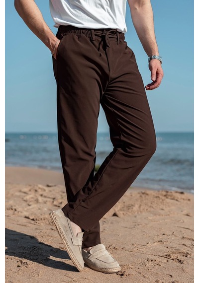 Madmext Acı Kahve Beli Lastikli Relaxed Fit Jakarlı Erkek Pantolon E6593 Acı Kahverengi
