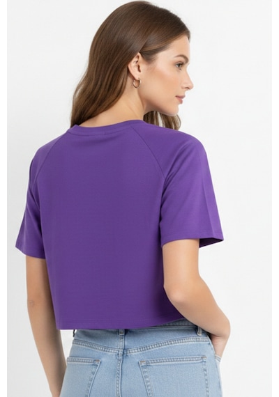 Soft&Basic Kadın Nakışlı Regular %100 Organik Pamuk Yuvarlak Yaka Kısa Crop T-shirt Mor