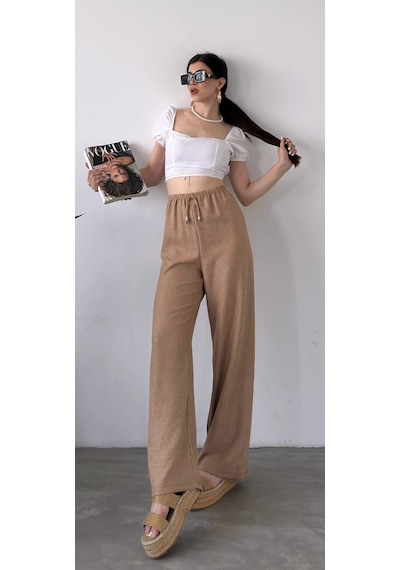 Blue Trend Kadın Düz Renk Keten Bel Lastikli Bol Paça Pantolon Bej