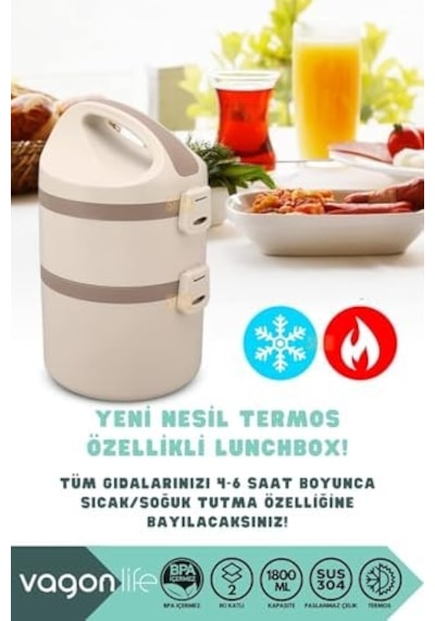Bento 1800ml Lunchbox 2 Katlı 4-6 Saat Sıcak/soğuk Termos Özellikli Çelik Sefer Tası Yemek Kutusu Bej Bakır
