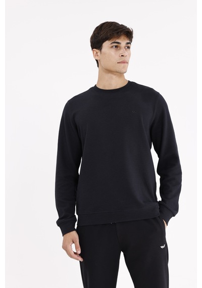 Rowinger Yatay Dokulu Ottoman Yüzey Tonal Logo Detaylı Bisiklet Yaka Standart Kalıp Sweatshirt Black
