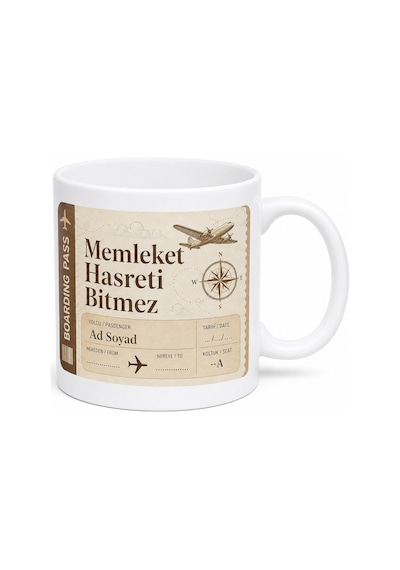Memleket Bileti Temalı Kişiye Özel Baskılı Kupa Bardak Hediye Beyaz / Çok Renkli