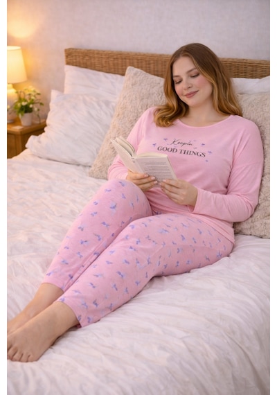Nisanca Kadın Büyük Beden Uzun Kollu Rahat Pijama Takımı Yumuşak Dokulu Konforlu Ev Giyimi Pudra