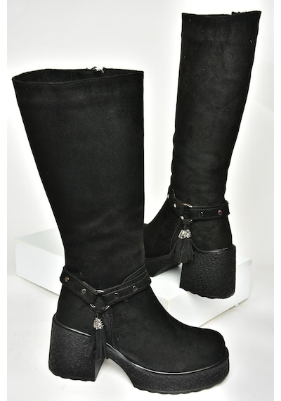 Fox Shoes T996224002 Siyah Süet Kalın Topuklu Kadın Çizme Siyah-süet