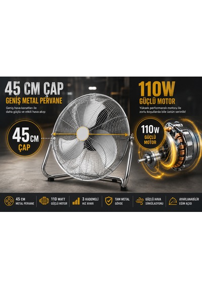 45 Cm Metal Sanayi Tipi Yer Vantilatörü 110w 3 Kademeli Güçlü Endüstriyel Fan Tam Metal Gövde