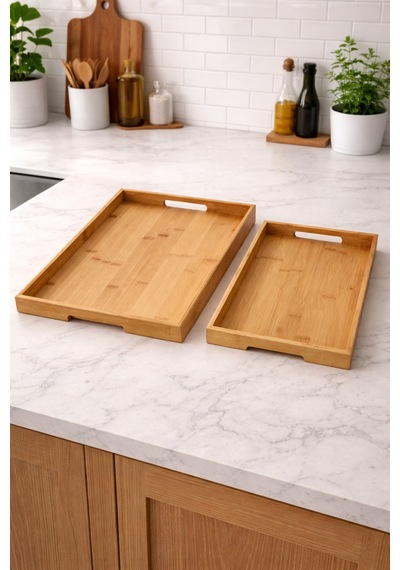 Makri Home %100 Bambu 2 Li Tepsi Seti, Büyük Tepsi: 38 X 27 X 3 Cm, Küçük Tepsi: 35 X 23 X 3 Cm Sarı