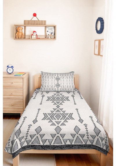 Bohem Geometrik Beyaz Tek Kişilik Pike Takımı - Etnik Antrasit 160x220 Cm Kapitone Yatak Örtüsü Melez Halı Derinliği