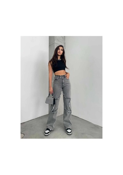 Kene Jeans Yüksek Bel Bacak Yıldızlı Bol Paça Jeans Kar Siyah