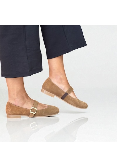 Ne&ve Shoes Camet Süet Hakiki Deri Yuvarlak Burunlu Tokalı Kadın Babet Camel
