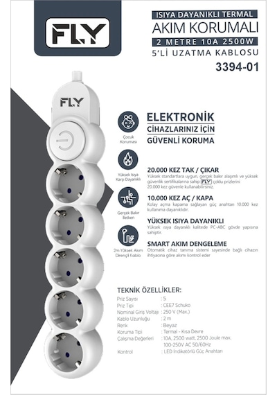 Fly 3394-01 5 Soket Akım Korumalı Priz 2.1a Anahtarlı 2mt Kablo Beyaz 1923 Standart