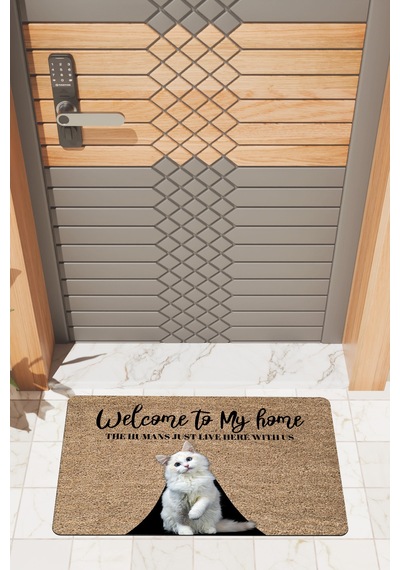 Rugmood Modern Dijtal Baskı Kedi Welcome To My Home Kapı Önü Paspası Çok Renkli