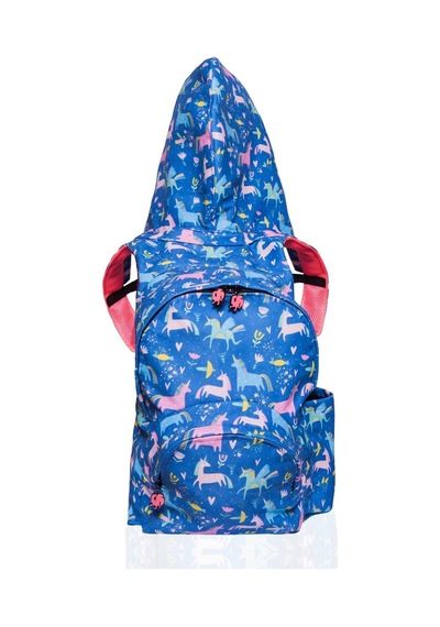 Unisex Su Geçirmez Unicorn Tasarımlı Çıkarılabilir Kapüşonlu Sırt Çantası Mavi