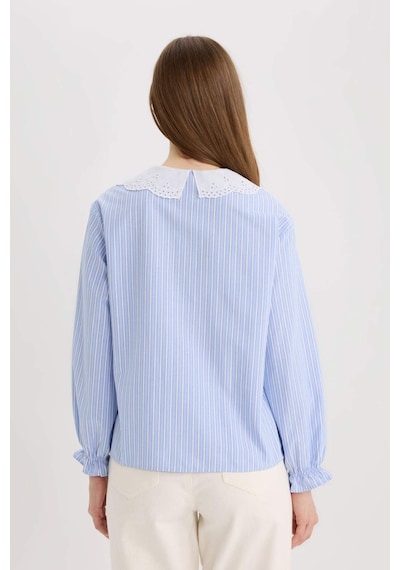 DeFacto Regular Fit Geniş Yakalı Çizgili Poplin Uzun Kollu Gömlek Tunik E4354AX25SPBE40 Mavi
