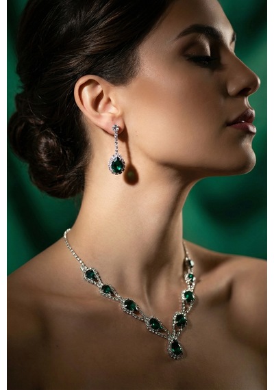 Accessories Hürrem Model Yeşil Taşlı Kolye Küpe Takı Seti Gerdanlık - Gelin Düğün Nişan Abiye Set Gümüş - Yeşil