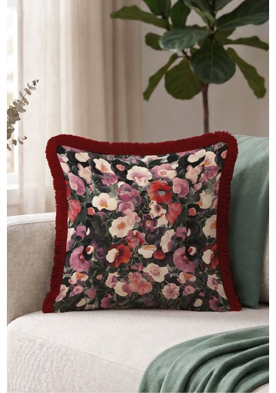 Çiçekli Bahar Tasarımlı Saçaklı Yastık Kılıfı - Romantik Floral Siyah Bordo Püsküllü Kırlent Kılıfı Puslu Düş Mira Çiçekli Bahar Tasarımlı Saçaklı Yastık Kılıfı - Romantik Floral Siyah Bordo Püsküllü Kırlent Kılıfı Puslu Düş Mira