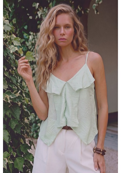 Sateen Fırfır Detaylı Askılı Bluz - Mint-137725 MİNT