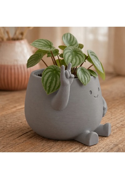 3d Baskı Smiley Face Planter - Gülümseyen Karakterli Saksı-gri