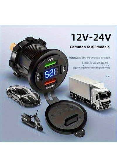 Dream011 Temel Siyah 120w Super Hızlı Şarj 2usb 2pd Dijital Voltaj Ekranlı Araç Şarj Cihazı 12 24v