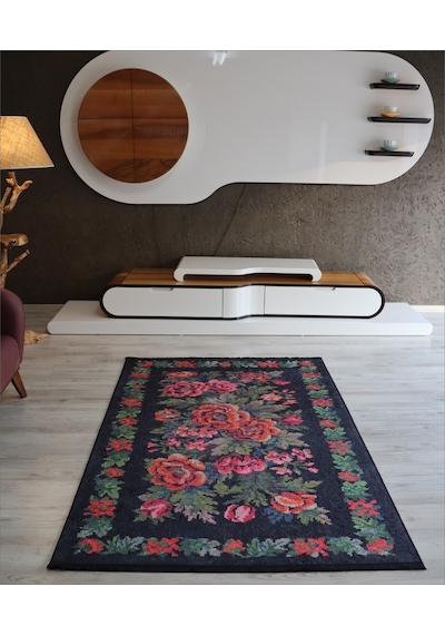 Karabağ Yolluk Yeşil Siyah Mutfak Halısı Yıkanabilir Kilim