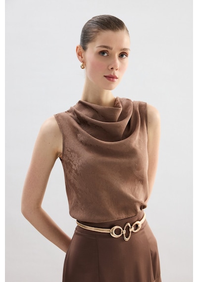 Sateen Degaje Yaka Bluz - Vizon-136756 VİZON