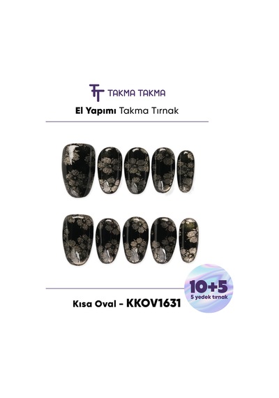 Kkov1631 Siyah Kısa Oval 15'li Tekrar Kullanılabilir El Yapımı Protez Takma Tırnak M