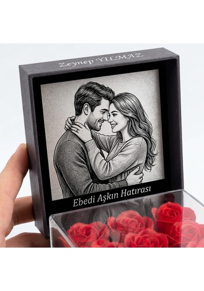 Kişiye Özel Fotoğraf Ve İsim Lazer İşlemeli 9 Lu Gül Ve Kolye Hediyeli Siyah Çekmeceli Takı Kutusu Evlilik Teklifi-sevg