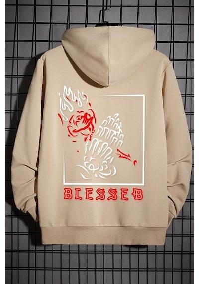 Uyguntarz Unisex Blesseb Baskılı Sweatshirt Bej