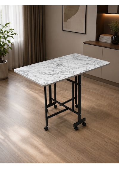 Teknor Kelebek Katlanır Ahşap Masa Mermer Desenli 60x120 Beyaz