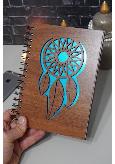 Rüya Kapanı Desenli Ahşap Defter - A5 Notebook - Günlük - Çizgisiz Anı Defteri Ahşap Rengi Ceviz