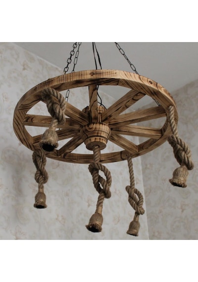 Otantik Çarşı Ahşap Halatlı Teker Avize 70 Cm. 5'Li  K02