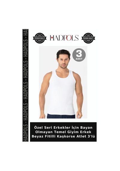 Hadpols Özel Seri Erkekler İçin Bayan Olmayan Temel Giyim Erkek Beyaz Fitilli Kaşkorse Atlet 3'lü