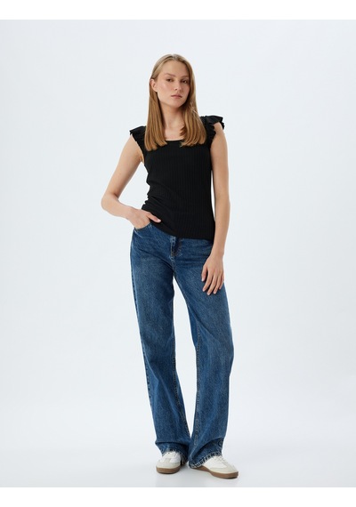 Koton Fırfırlı Karpuz Kol Tişört Yuvarlak Yaka Ribanalı Slim Fit Siyah 5wak10179ek Siyah