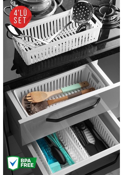4 Adet Çekmece İçi Bıçaklık & Kaşıklık Organizer Beyaz