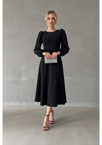 Defymoda Kadın Gün Boyu Rahat Midi Elbise Siyah