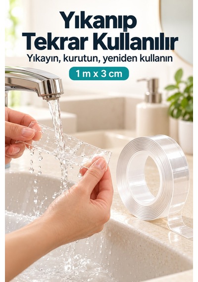 Şeffaf Çift Taraflı Bant Yıkanabilir 1 Metre X 3 Cm