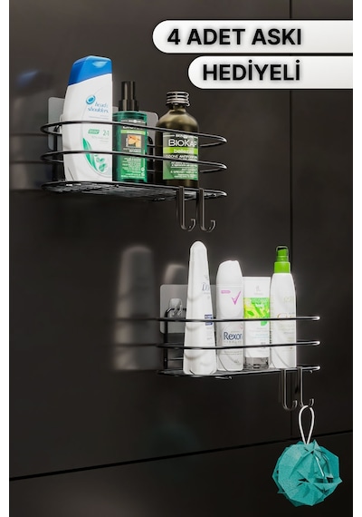 Bino 4 Askılı Şampuanlık Sabunluk Banyo Düzenleyici Duş Rafı Paslanmaz Organizer 2'li Set Siyah