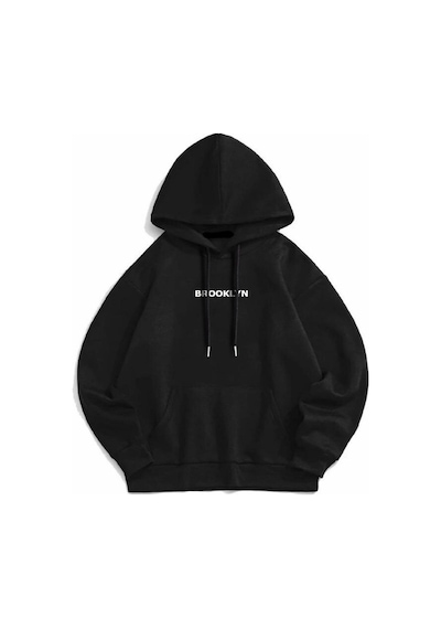 Leone Siyah Broklyn Baskılı Oversize Kapüşonlu Swetshirt SIYAH