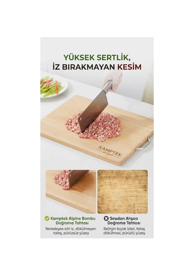 Kamptek Ahşap Bambu Kesme Tahtası 2'li Set - Ergonomik Metal Kulplu Doğal Sunum Tahtası Doğal Ahşap Çok Renkli